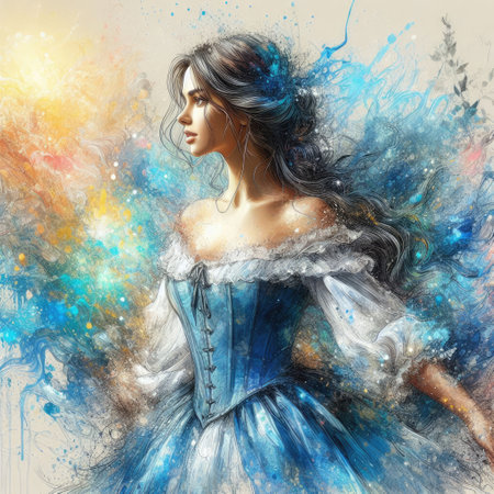 Fantasy portrait of a beautiful girl in a blue dress with long hair.の素材