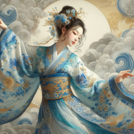 Elegance in Blue: A Portrait of Chinese traditional dress girl with Generative AI.の素材