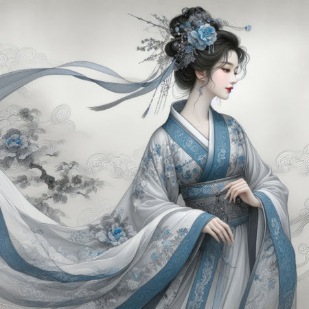 Elegance in Blue: A Portrait of Chinese traditional dress girl with Generative AI.の素材