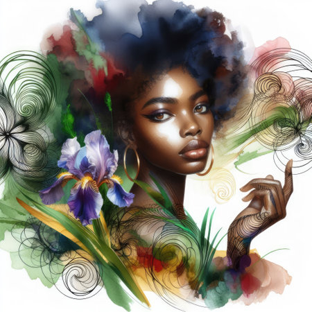 African girl portrait with floral design with Generative AI.の素材