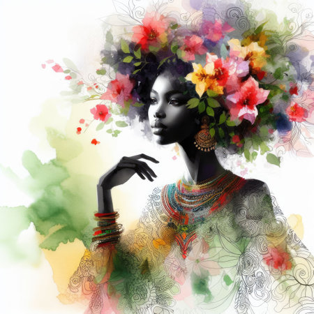African girl portrait with floral design with Generative AI.の素材