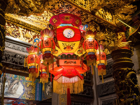 Taichung, Taiwan- February 11, 2024: The building view of Dajia Jenn Lann Temple in Taichung, Taiwan, is worshiped to the sea goddess Mazu.のeditorial素材