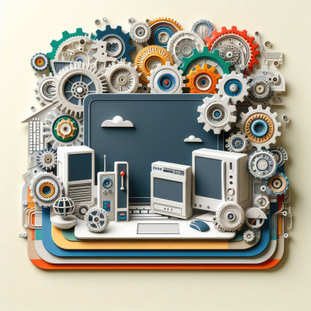 3d illustration of computers and electronics over white background with copy spaceの素材