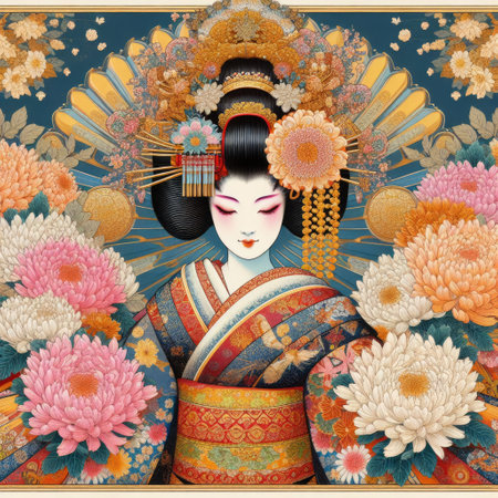 Japanese kimono woman dancing elegant Figure Amidst a Floral Fantasy with Generative AI.の素材