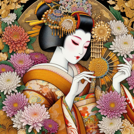 Japanese kimono woman dancing elegant Figure Amidst a Floral Fantasy with Generative AI.の素材