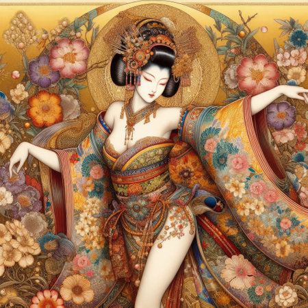 Japanese kimono woman dancing elegant Figure Amidst a Floral Fantasy with Generative AI.の素材