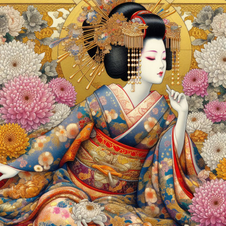 Japanese kimono woman dancing elegant Figure Amidst a Floral Fantasy with Generative AI.の素材