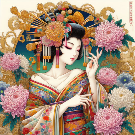 Japanese kimono woman dancing elegant Figure Amidst a Floral Fantasy with Generative AI.の素材