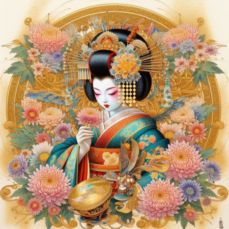 Japanese kimono woman dancing elegant Figure Amidst a Floral Fantasy with Generative AI.の素材