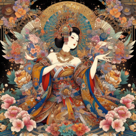 Japanese kimono woman dancing elegant Figure Amidst a Floral Fantasy with Generative AI.の素材
