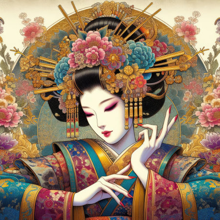 Japanese kimono woman dancing elegant Figure Amidst a Floral Fantasy with Generative AI.の素材