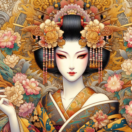 Japanese kimono woman dancing elegant Figure Amidst a Floral Fantasy with Generative AI.の素材