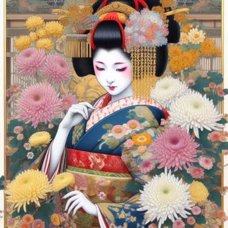 Japanese kimono woman dancing elegant Figure Amidst a Floral Fantasy with Generative AI.の素材
