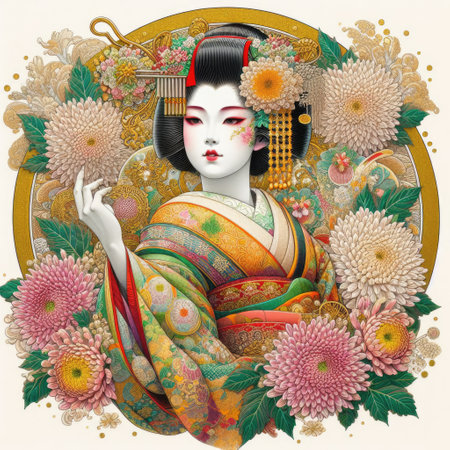 Japanese kimono woman dancing elegant Figure Amidst a Floral Fantasy with Generative AI.の素材