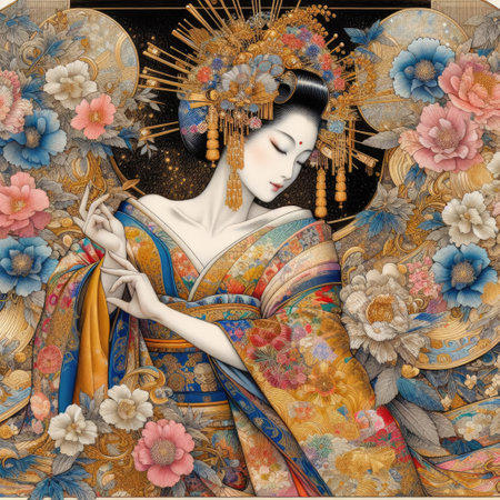 Japanese kimono woman dancing elegant Figure Amidst a Floral Fantasy with Generative AI.の素材
