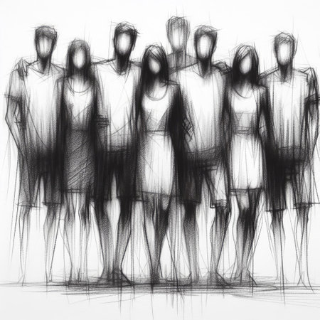 Group of abstract diverse people, Friends or coworkers together in Charcoal drawing with Generative AI.の素材