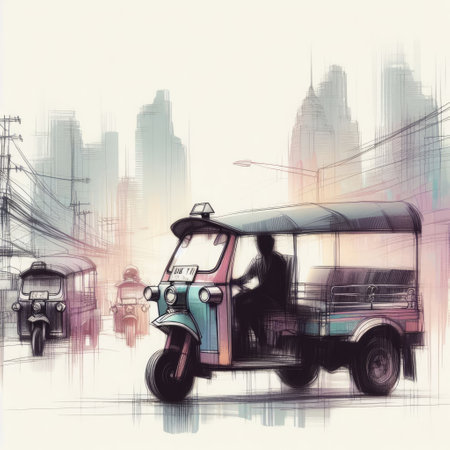 Sketch of Tuk Tuk in Thai Cityscape with Generative AI.の素材