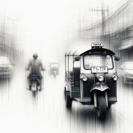 Sketch of Tuk Tuk in Thai Cityscape with Generative AI.の素材