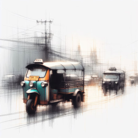 Sketch of Tuk Tuk in Thai Cityscape with Generative AI.の素材