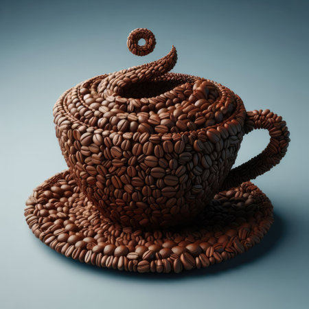 Coffee cup shape, formed fully by 3d coffee beans with Generative AI.の素材