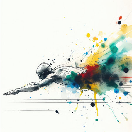 Swimmer in watercolor splash paint illustration with Generative AI.の素材