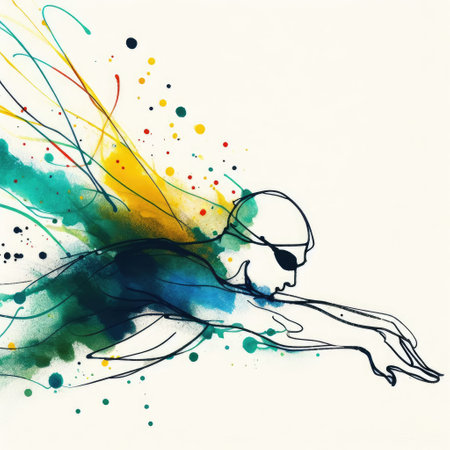 Swimmer in watercolor splash paint illustration with Generative AI.の素材