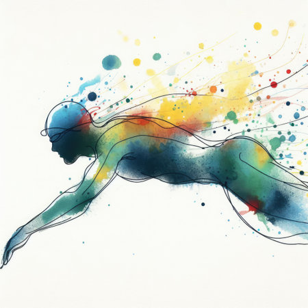 Swimmer in watercolor splash paint illustration with Generative AI.の素材