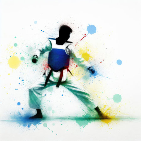 Taekwondo in watercolor splash paint illustration with Generative AI.の素材