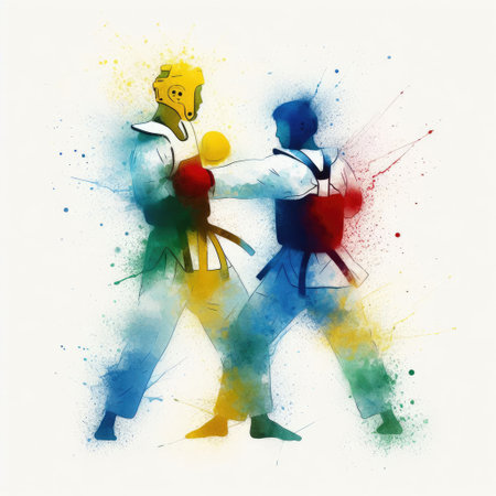 Taekwondo in watercolor splash paint illustration with Generative AI.の素材