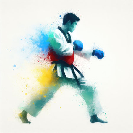 Taekwondo in watercolor splash paint illustration with Generative AI.の素材