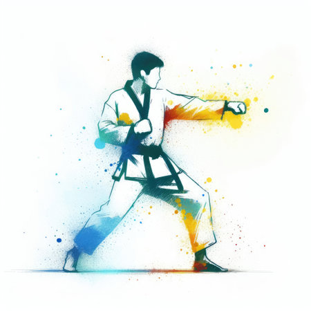 Taekwondo in watercolor splash paint illustration with Generative AI.の素材