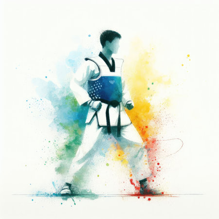 Taekwondo in watercolor splash paint illustration with Generative AI.の素材