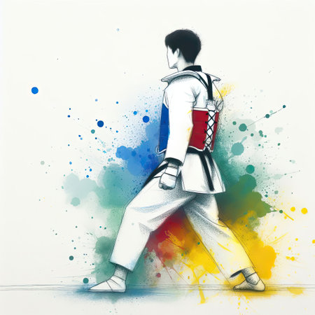 Taekwondo in watercolor splash paint illustration with Generative AI.の素材