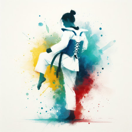Taekwondo in watercolor splash paint illustration with Generative AI.の素材