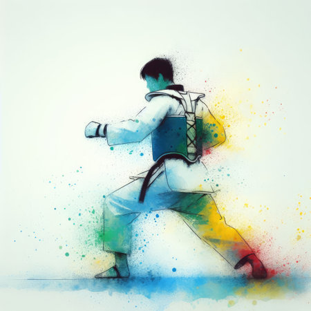 Taekwondo in watercolor splash paint illustration with Generative AI.の素材