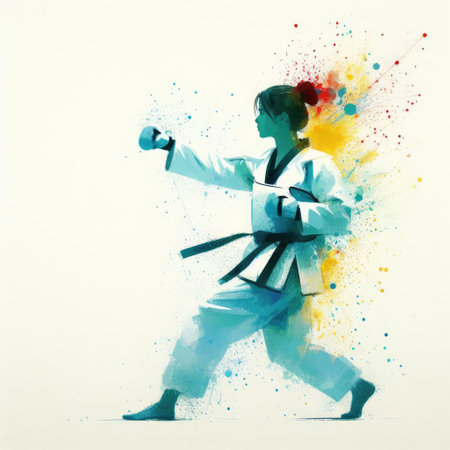 Taekwondo in watercolor splash paint illustration with Generative AI.の素材