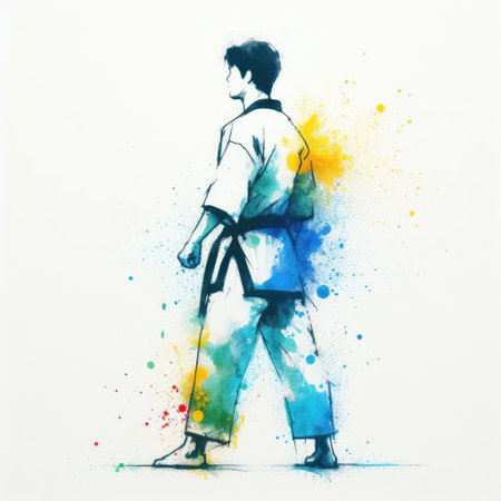 Taekwondo in watercolor splash paint illustration with Generative AI.の素材