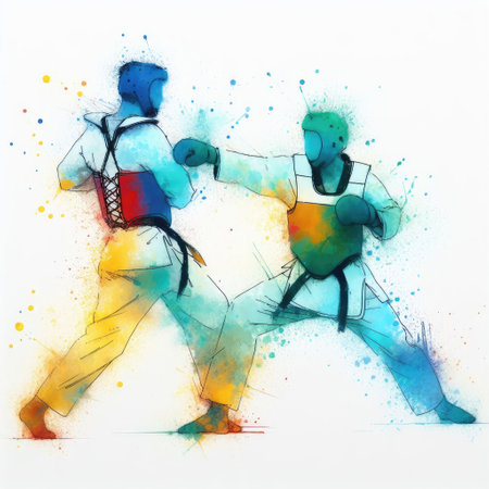 Taekwondo in watercolor splash paint illustration with Generative AI.の素材