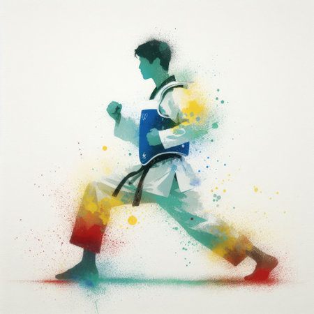 Taekwondo in watercolor splash paint illustration with Generative AI.の素材