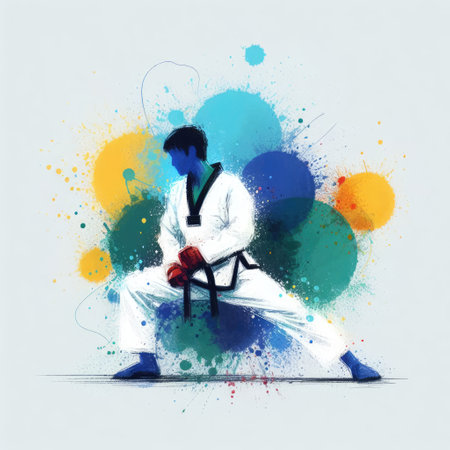 Taekwondo in watercolor splash paint illustration with Generative AI.の素材