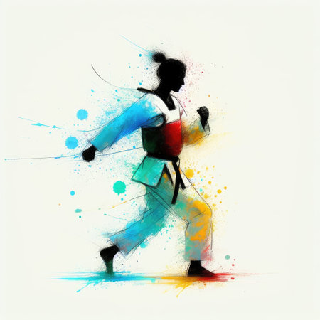 Taekwondo in watercolor splash paint illustration with Generative AI.の素材