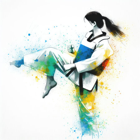 Taekwondo in watercolor splash paint illustration with Generative AI.の素材