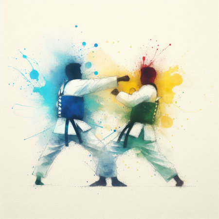 Taekwondo in watercolor splash paint illustration with Generative AI.の素材