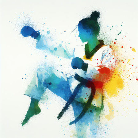 Taekwondo in watercolor splash paint illustration with Generative AI.の素材