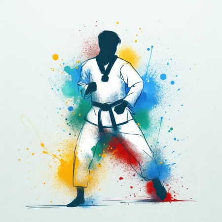 Taekwondo in watercolor splash paint illustration with Generative AI.の素材