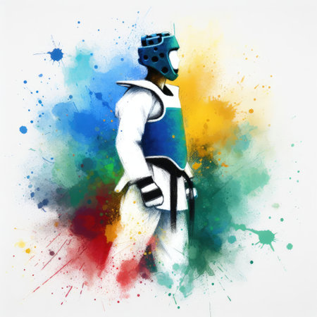 Taekwondo in watercolor splash paint illustration with Generative AI.の素材