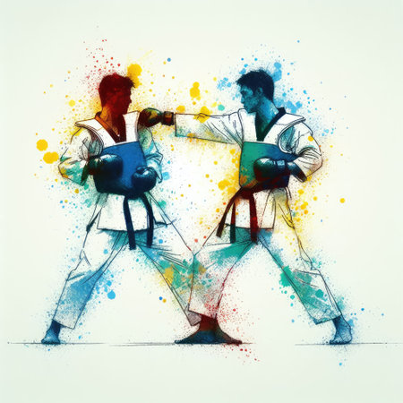 Taekwondo in watercolor splash paint illustration with Generative AI.の素材