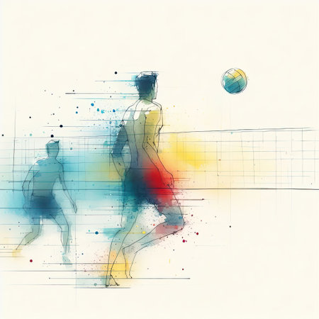 Beach volleyball in watercolor paint illustration with Generative AI.の素材