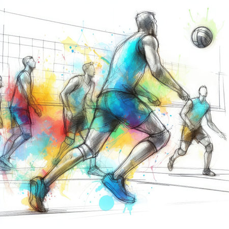 Volleyball players in watercolor paint illustration with Generative AI.の素材