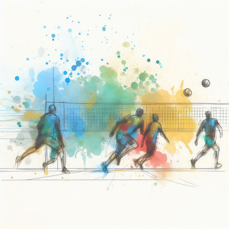 Volleyball players in watercolor paint illustration with Generative AI.の素材